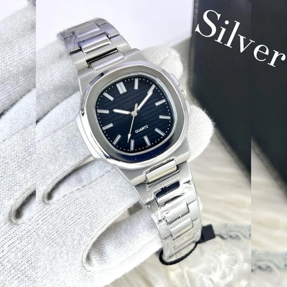 Men's Square Quartz Watch Steel Chain Strap Black Dial