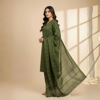 Winter Sussi Silk 3-Piece Suit for Women | Unstitched Plain Shirt & Trouser | Heavy Winter Sussi Shawl | Bottle Green
