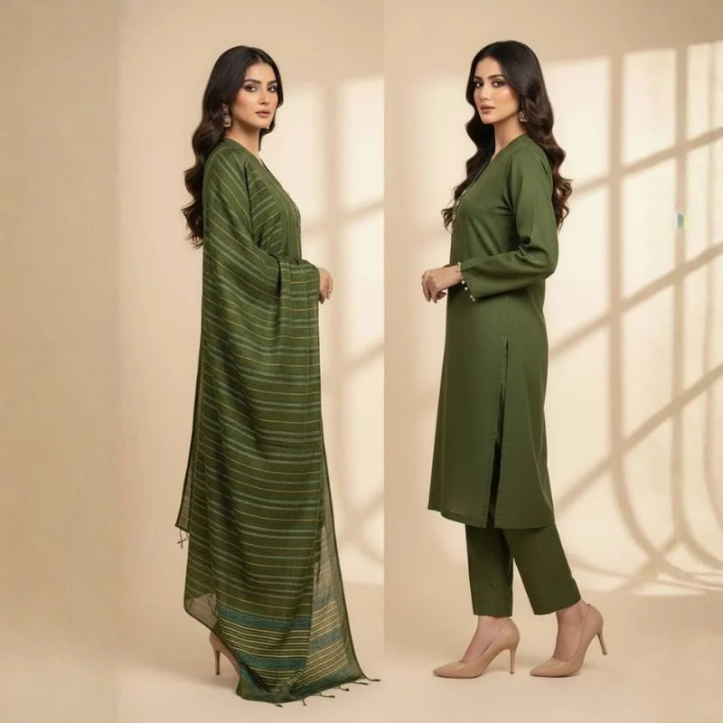 Winter Sussi Silk 3-Piece Suit for Women | Unstitched Plain Shirt & Trouser | Heavy Winter Sussi Shawl | Bottle Green