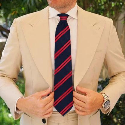 Navy & Red Regal Striped Tie with Pocket Square Set | Premium Men’s Formal Tie Set | Classic Striped Design