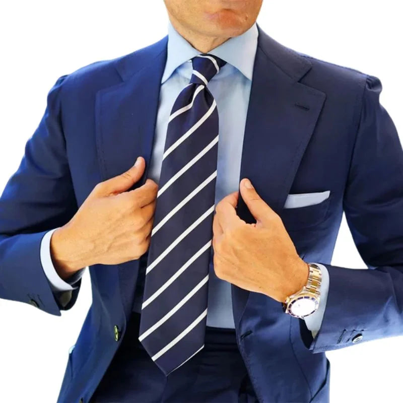 Navy Blue Pencil Stripe Tie & Pocket Square Set | Premium Men’s Formal Navy Tie | Classic Pencil Stripe Design
